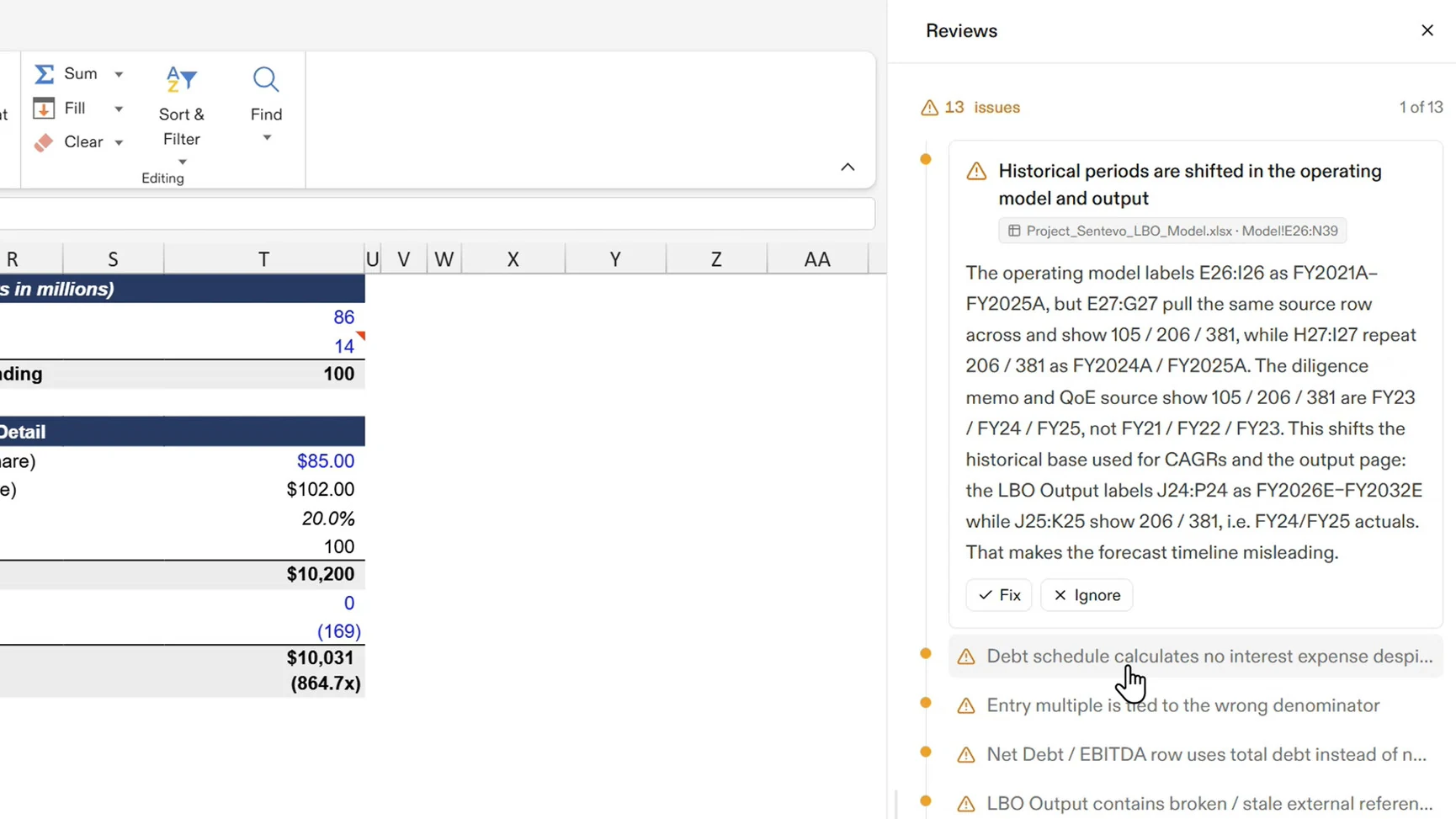 Review panel flagging issues beside the Excel model it audited