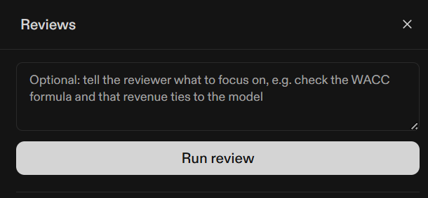 Review setup with an optional instruction field and a Run review button