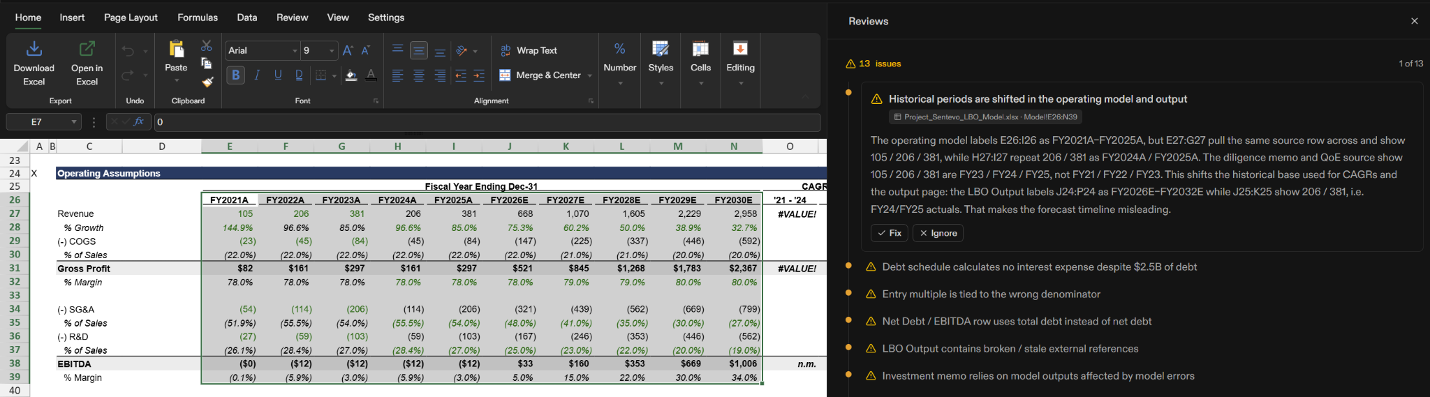 A workbook open beside the Review panel, each issue traceable to its source