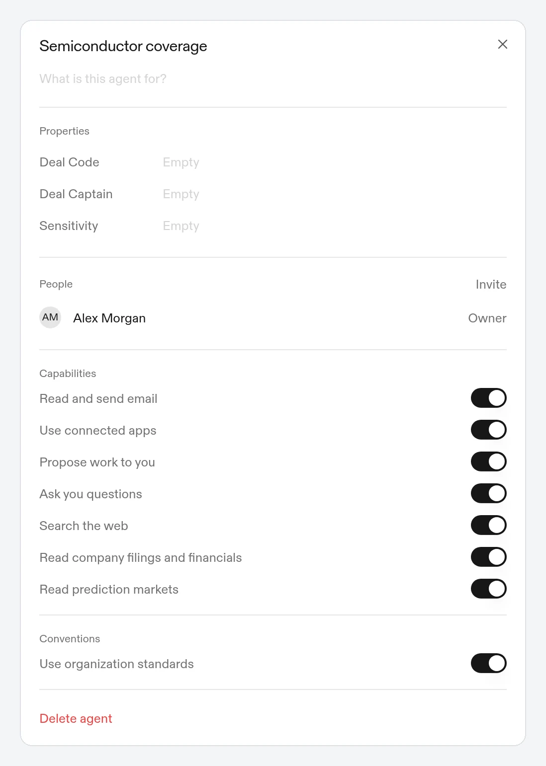 Agent settings showing properties, people, capabilities, and conventions