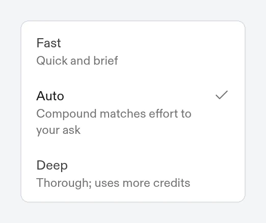The effort menu with Fast, Auto, and Deep options