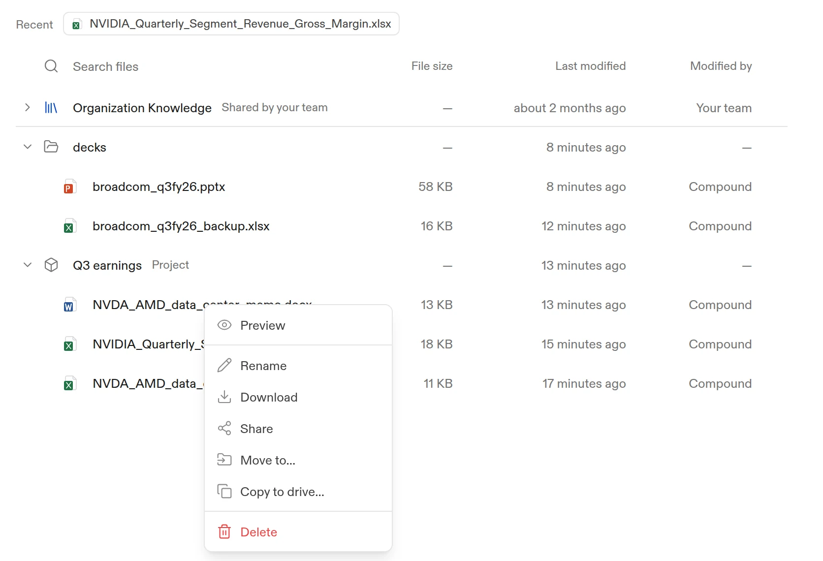 Right-clicking a file shows Preview, Rename, Download, Share, Move to, Copy to drive, and Delete