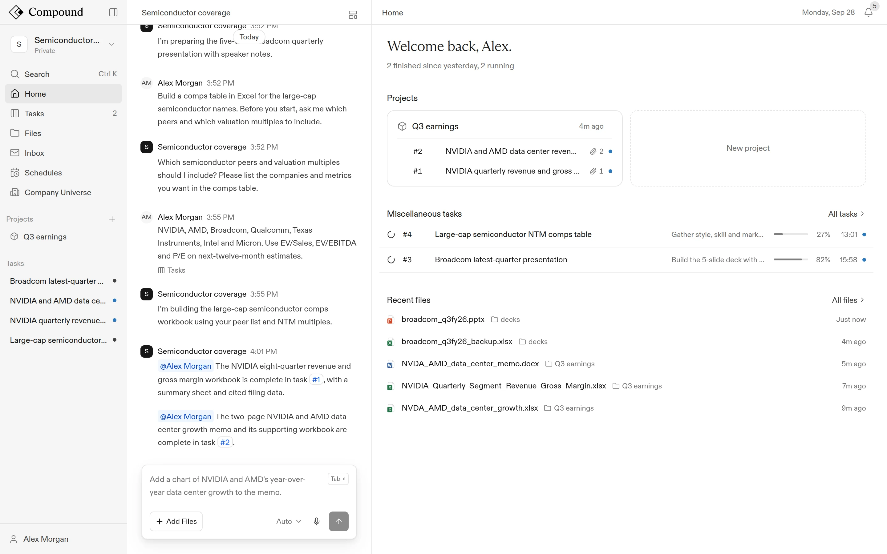 Compound Home for an agent, with projects, tasks, and recent files