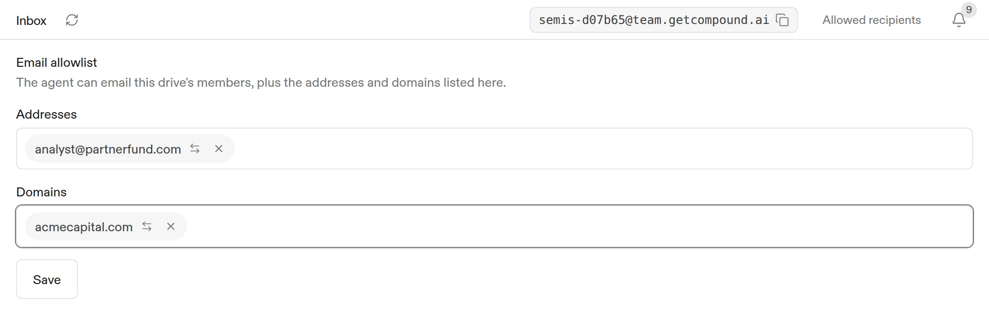 The Inbox with the email allowlist open, showing an address and a domain