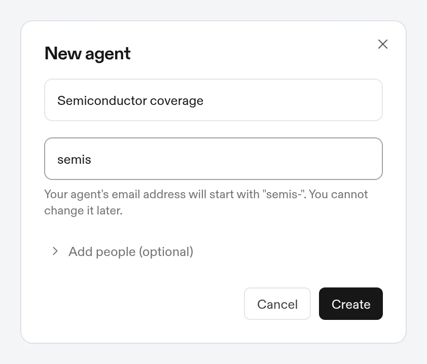 The New agent dialog with a name and an email name filled in