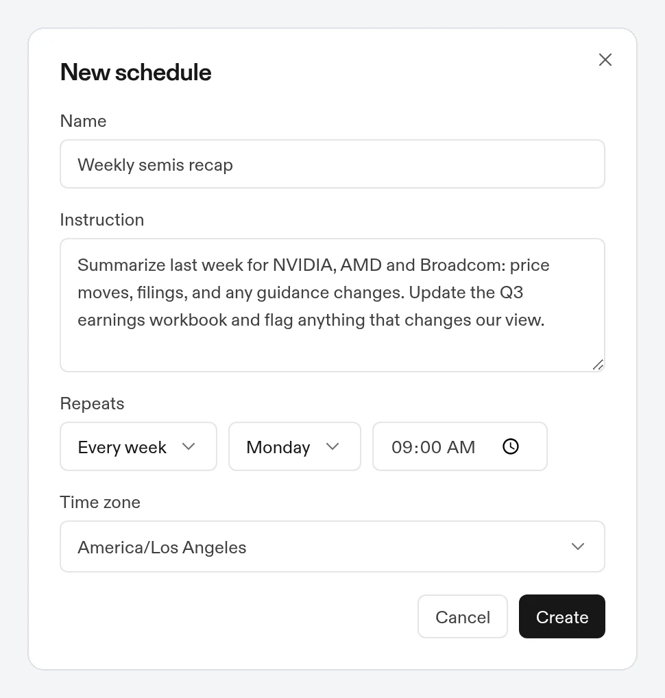 The New schedule dialog with a weekly Monday cadence