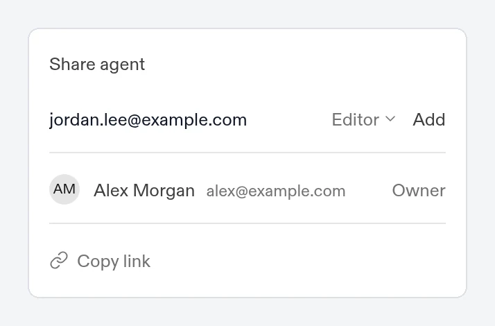 The Share agent panel with an email address entered and the Editor role selected