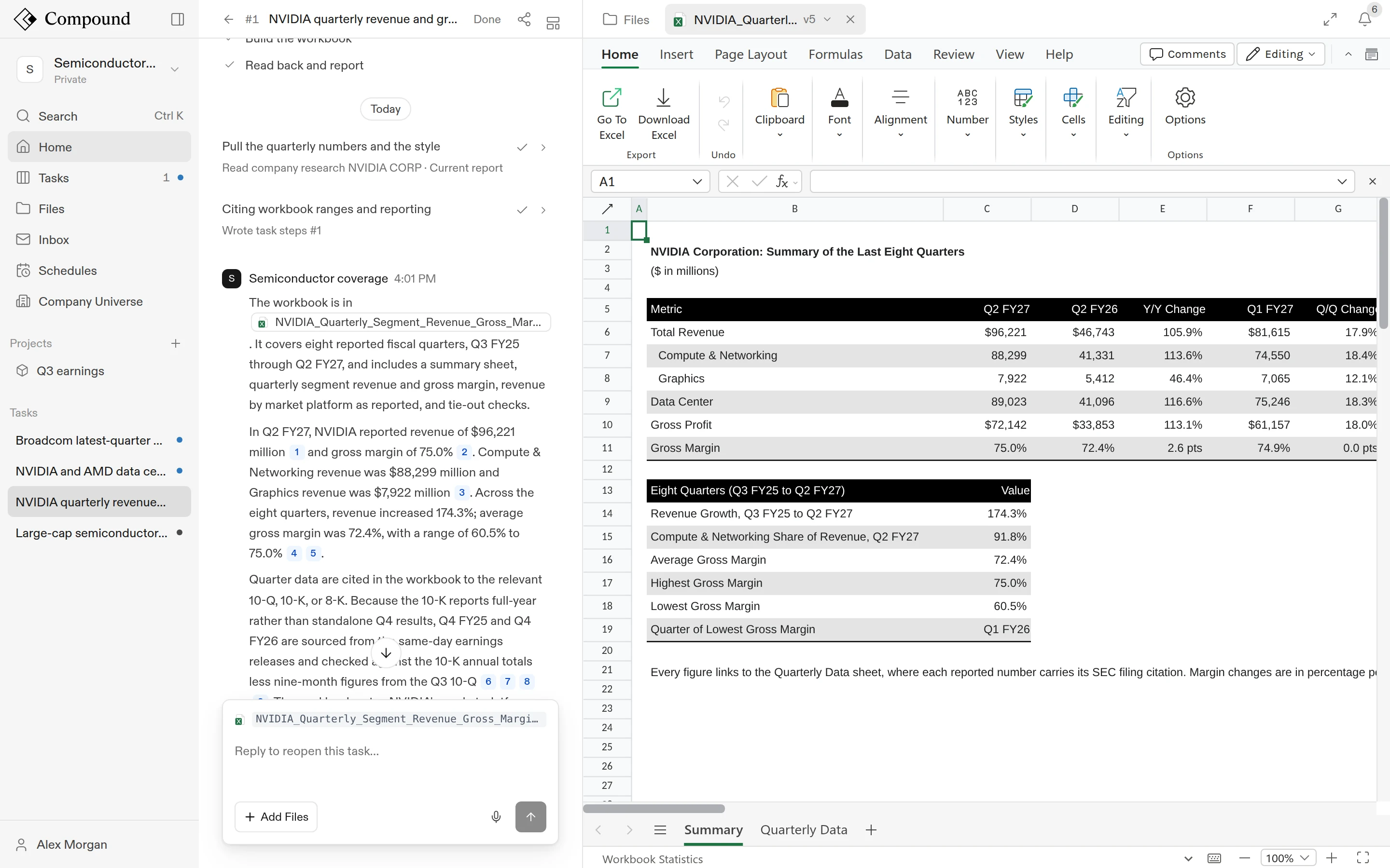 A task that built an Excel workbook, shown beside its conversation