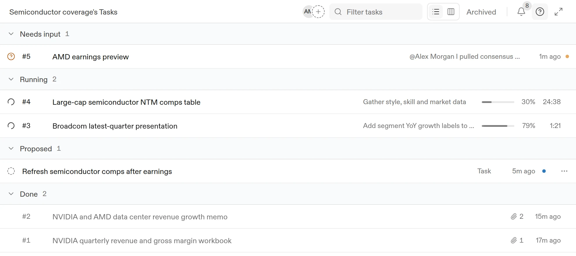 The Tasks page in list layout, grouped by Needs input, Running, Proposed, and Done