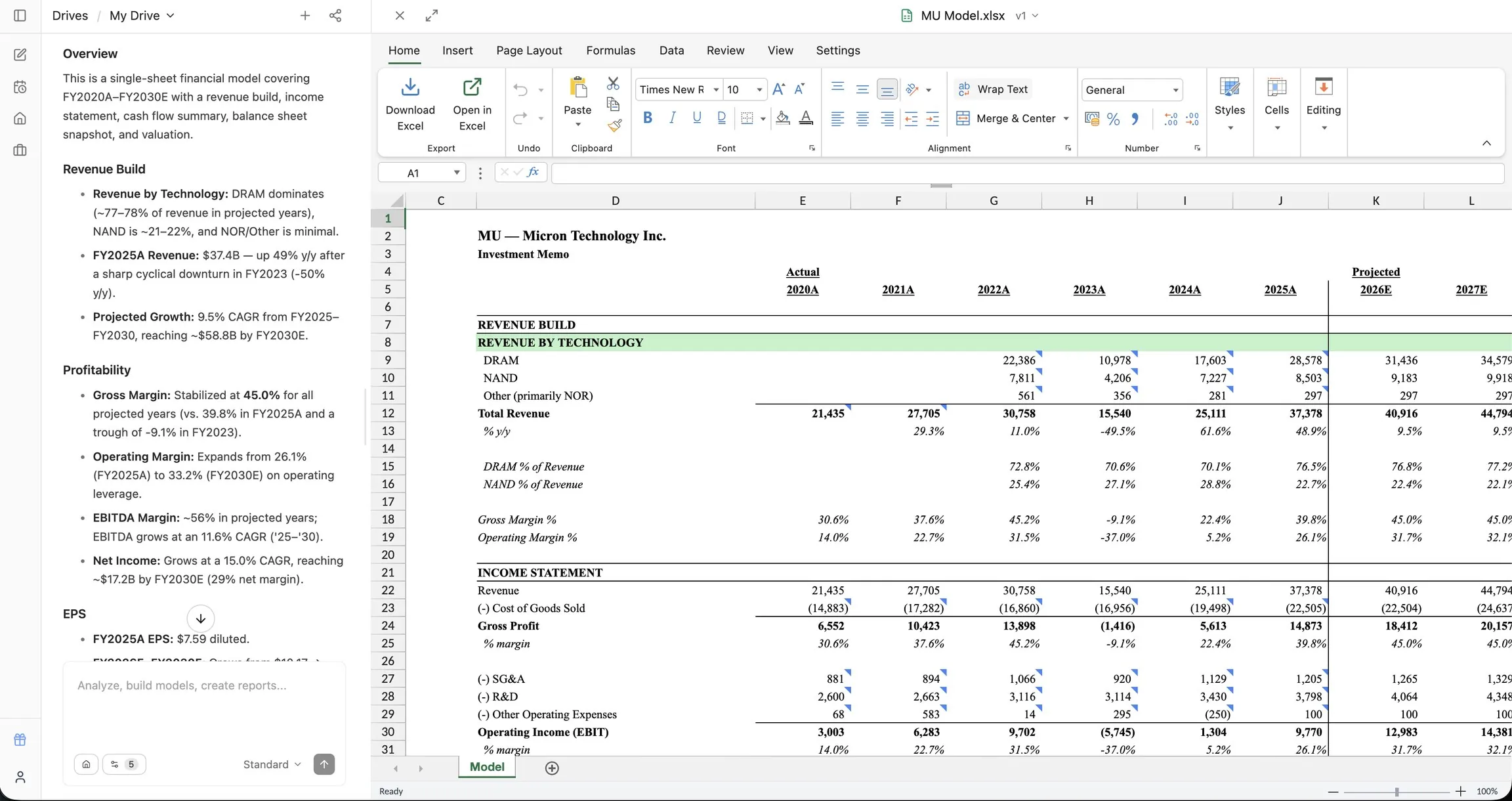 Compound Modellierung börsennotierter Unternehmen: Chat-Reasoning-Panel neben einem Investitionsmodell für Micron Technology mit Umsatzaufbau und Gewinn- und Verlustrechnung in Excel.